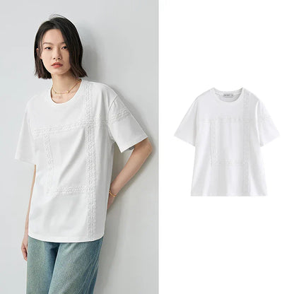 Dam T-shirt Avslappnad Bomull Med Broderi-4