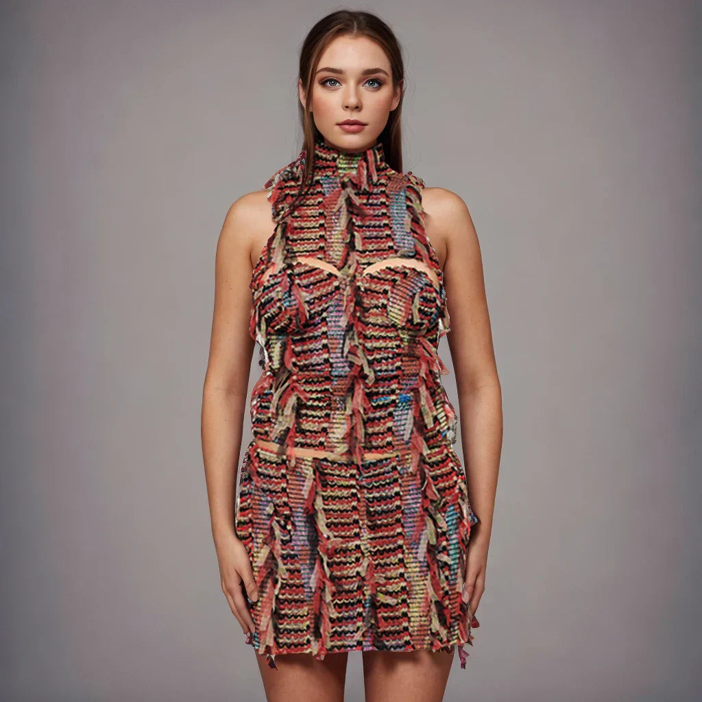 Dam Mini Klänning Turtleneck Perforerad Blandning av Bomull och Polyester-2