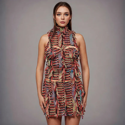 Dam Mini Klänning Turtleneck Perforerad Blandning av Bomull och Polyester-2