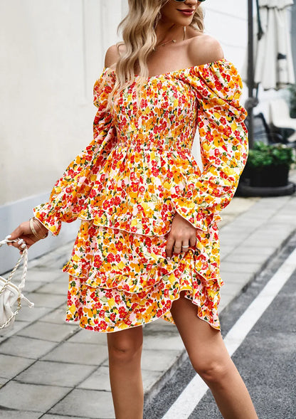 Kvinna Lång Klänning Rynkade Polyester Blommigt Mönster-3