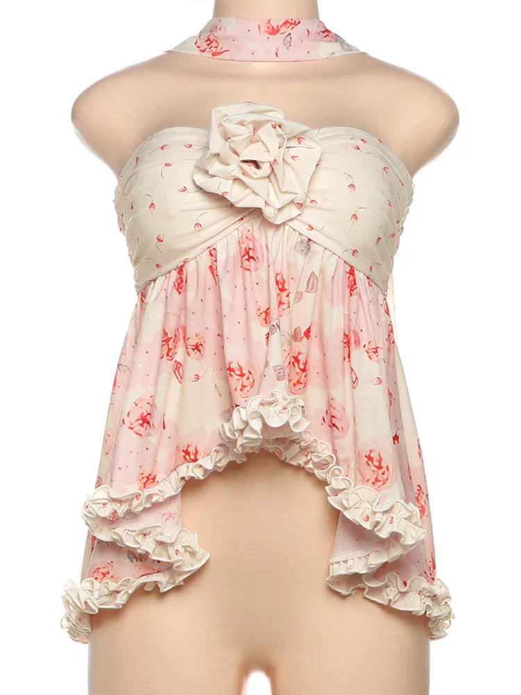 Dam Festtopp Blommönster Polyester-Spandex Elegant Samlad Design-6