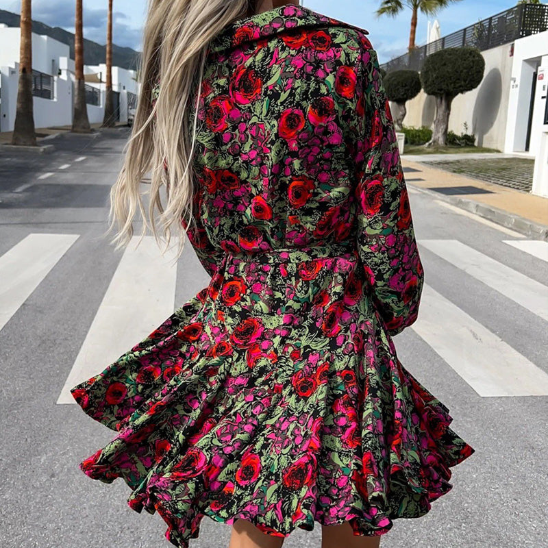 Kvinna Flare Klänning Blommönster Polyester-4