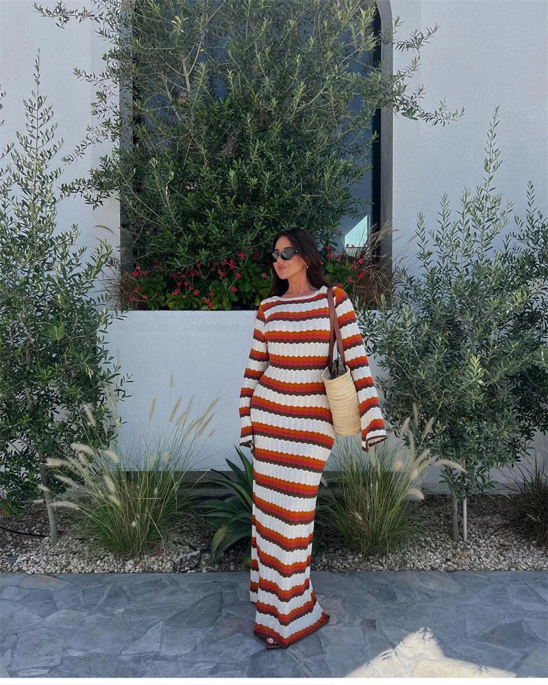 Långärmad Klänning Dam Stickad Mångfärgad Lång Klänning-4