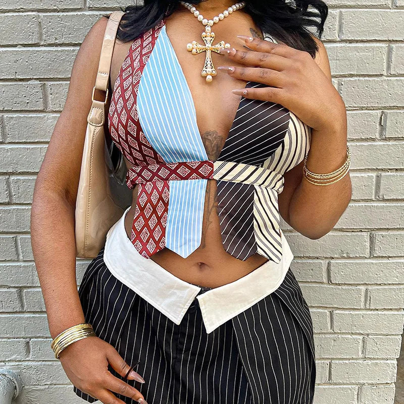 Dam Festtopp Randig Spandex Med Snygg Ryggdetalj-5