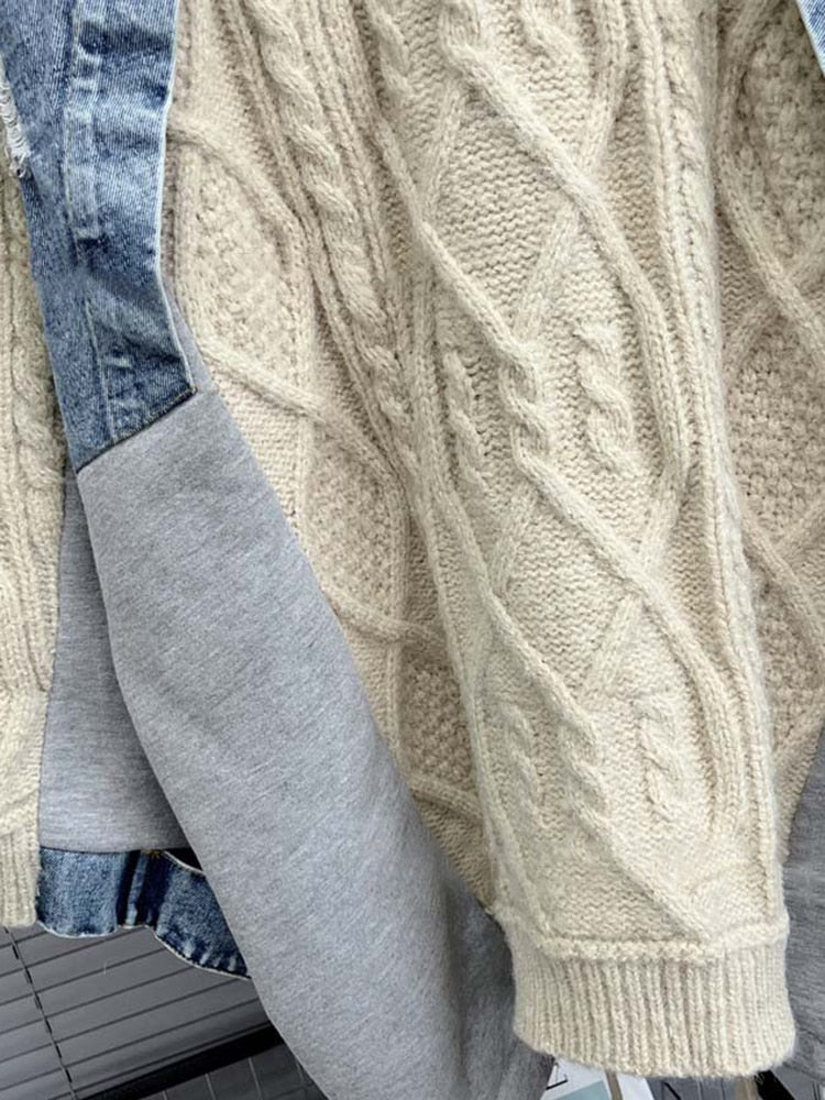 Dam Tröja Långärmad Patchwork Polyester Akryl Bomull-4