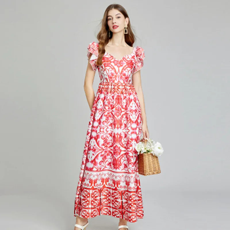 Dam Maxiklänning A-linje V-ringning Bomullsblandning-3