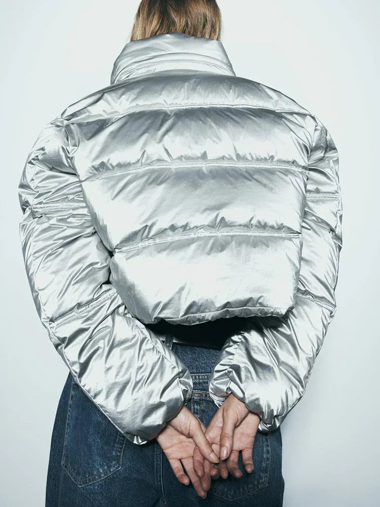 Dam Vinterjacka Lång Metallisk Quiltad med Hög Krage-5