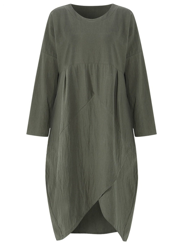 Dam Midi Klänning Oregelbunden Design i Bomull - Fina Dam Klänningar-6