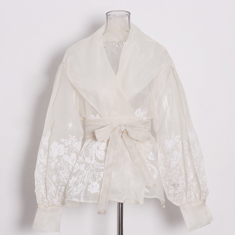 Dam Blus Transparent Blommönster Lykta Ärmar Polyester-2