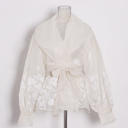 Dam Blus Transparent Blommönster Lykta Ärmar Polyester-2
