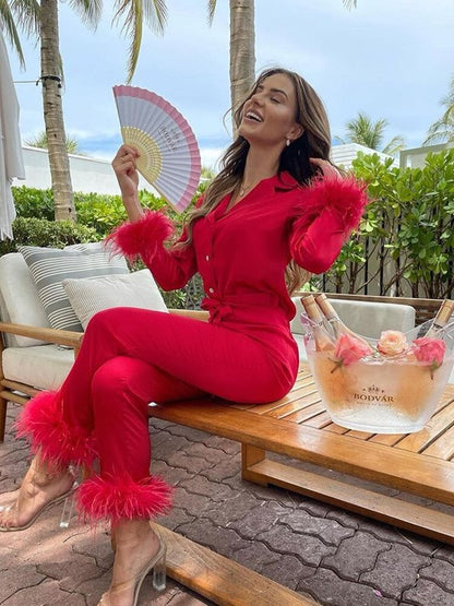 Damset Satin med Fjädrar V-ringning-4