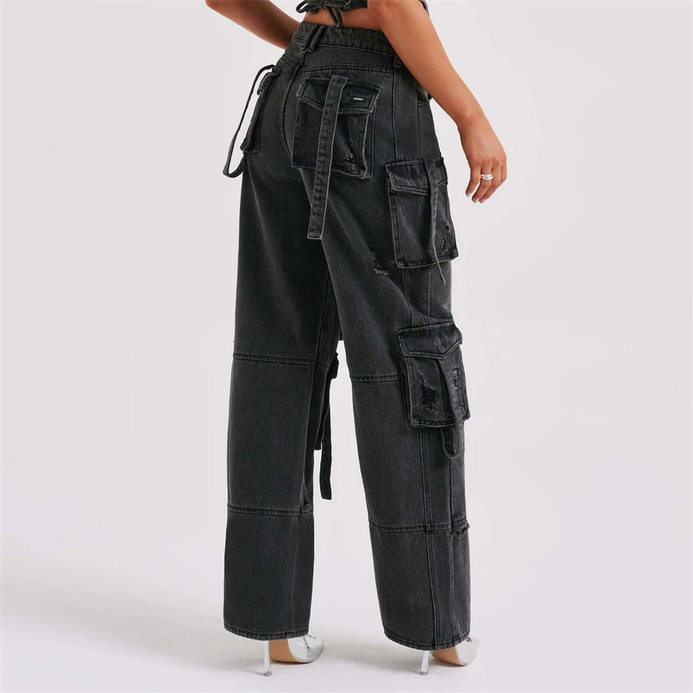 Dam Lastbyxor i Denim Avslappnad Passform med Flera Fickor-6