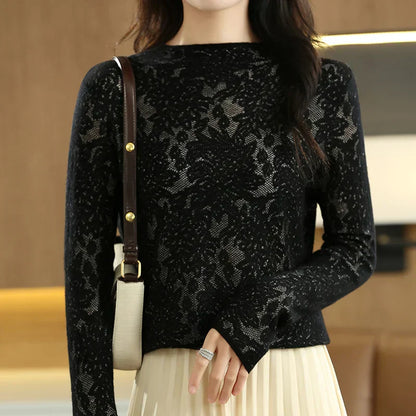 Stickad Dam Tröja i Ull Tidlös Design Värmande Material-1