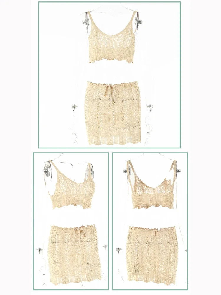 Dam Rockuppsättning Boho Stil Polyester Cropped Top och Kjol-6