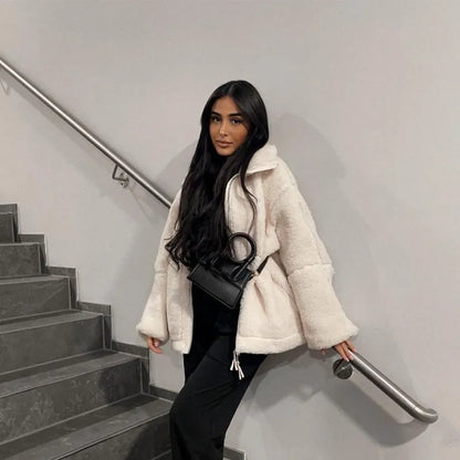 Damjacka Oversized Hög Krage Löst Klippt Tyg-2