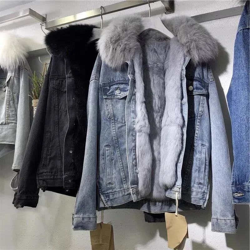 Damjacka Denim med Syntetisk Pälskrage Vindtät Avslappnad Passform-4