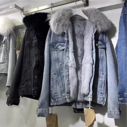 Damjacka Denim med Syntetisk Pälskrage Vindtät Avslappnad Passform-4