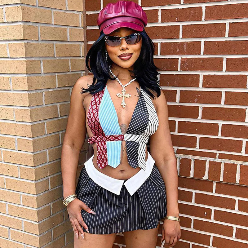 Dam Festtopp Randig Spandex Med Snygg Ryggdetalj-4