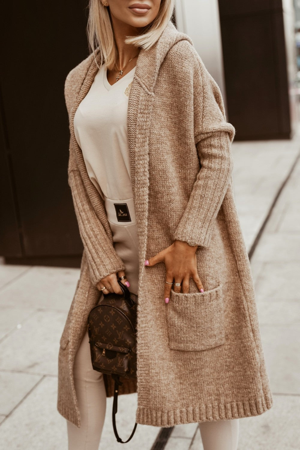 Kvinnors Lång Kofta Med Huva Stickad Akryl-3