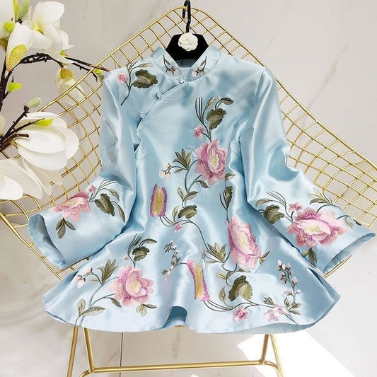 Dam Blus Blommigt Broderi Polyester Stativkrage-1