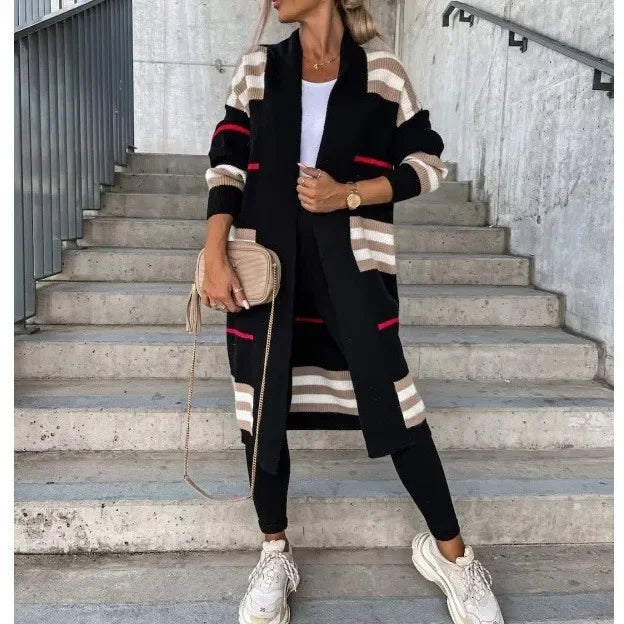 Lång Kofta Dam Stickad Randig Design i 100% Akryl – Trendig Lång Cardigan för Höst och Vinter 1