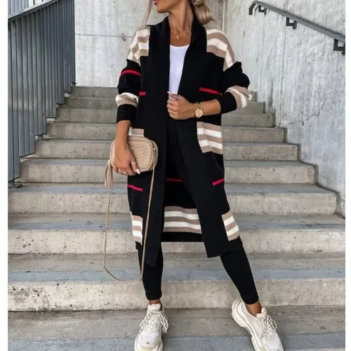Lång Kofta Dam Stickad Randig Design i 100% Akryl – Trendig Lång Cardigan för Höst och Vinter 1