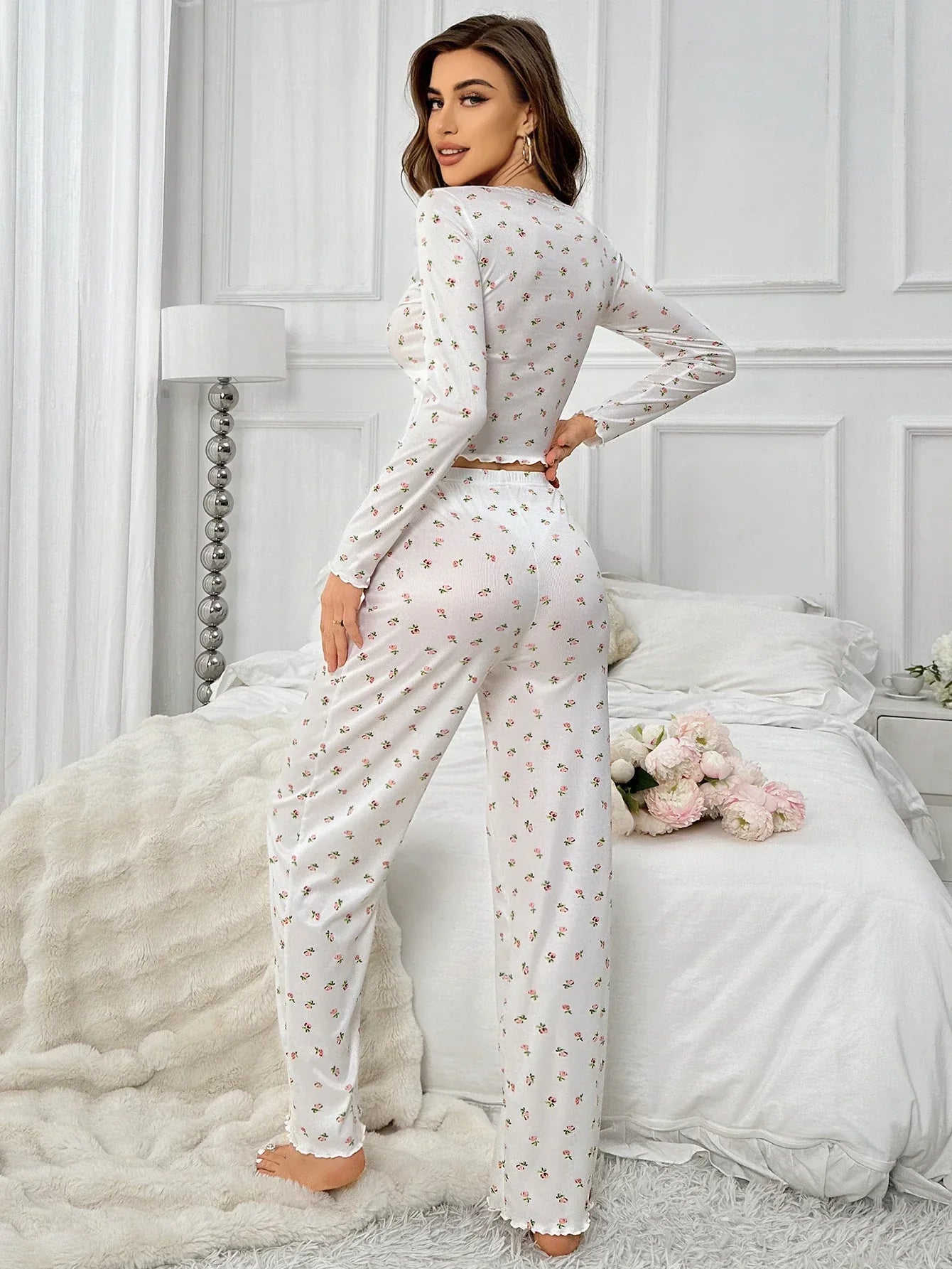 Dam Pyjamas Set Blommönstrad Långärmad Polyester Spandex 5