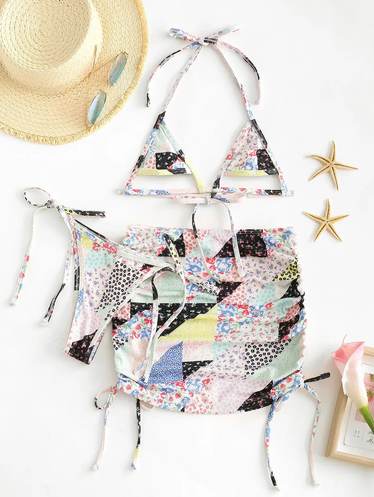 Variant image for Dam Topp Patchwork Tryck Tre Delar 100% Bomull för Sommarfest-1