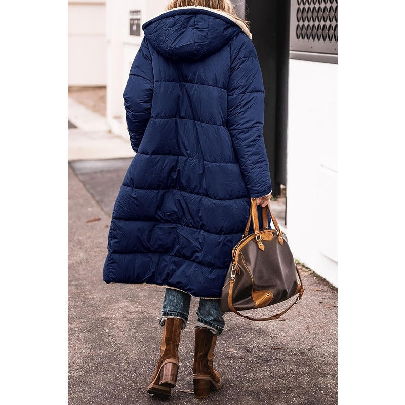 Damjacka Lång Vändbar Sherpa Fleece Vindavvisande Med Huva-5