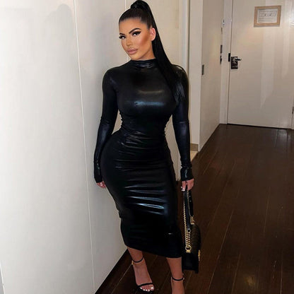 Kvinnors Höghalsad Klänning Långa Ärmar Mjuk Tyg-2