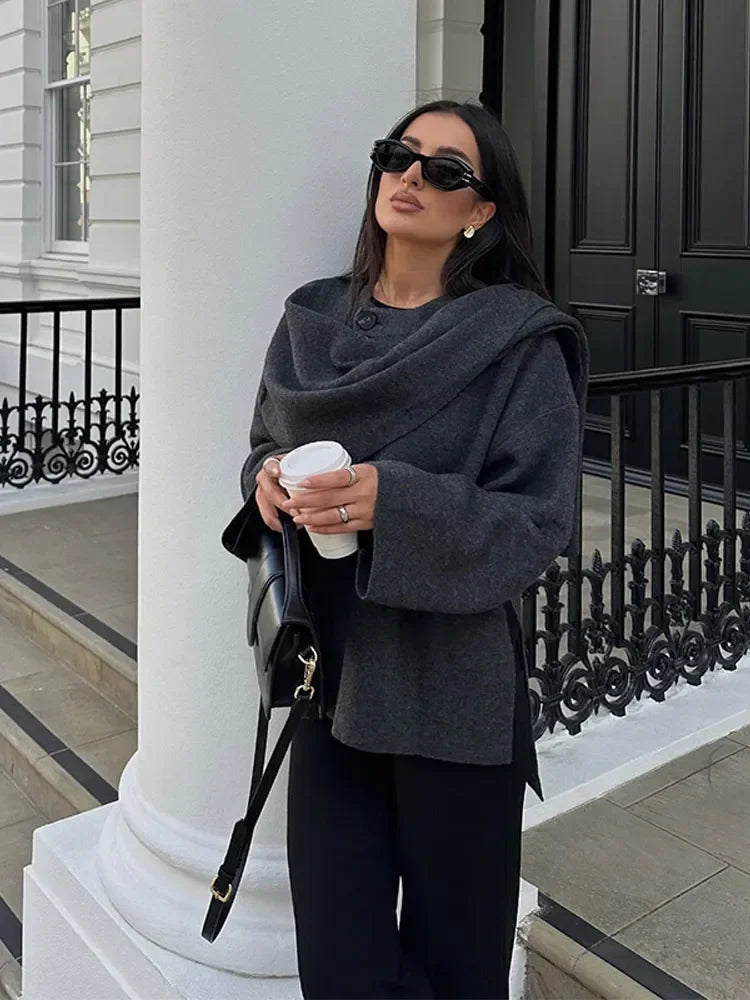 Damjacka med Sjal Krage Ullblandning Elegant Jacka för Dam-4