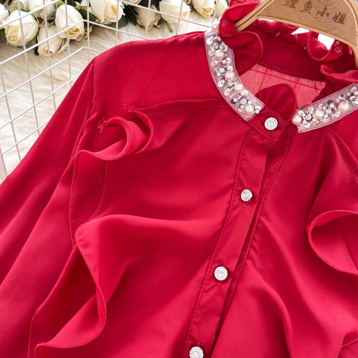 Dam Blus Klassisk Patchwork Polyester Lång Ärm Normal Längd-3