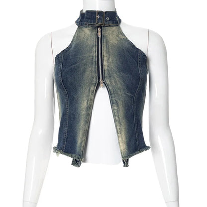 Variant image for Dam Crop Vest Batikdesign Elastisk Denim-1