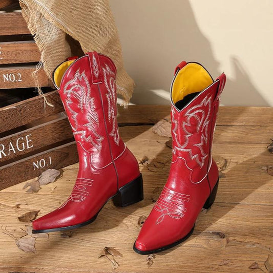 Dam Halvhöga Cowboystövlar med Blommor och Broderier i Högkvalitativt Syntetmaterial-1