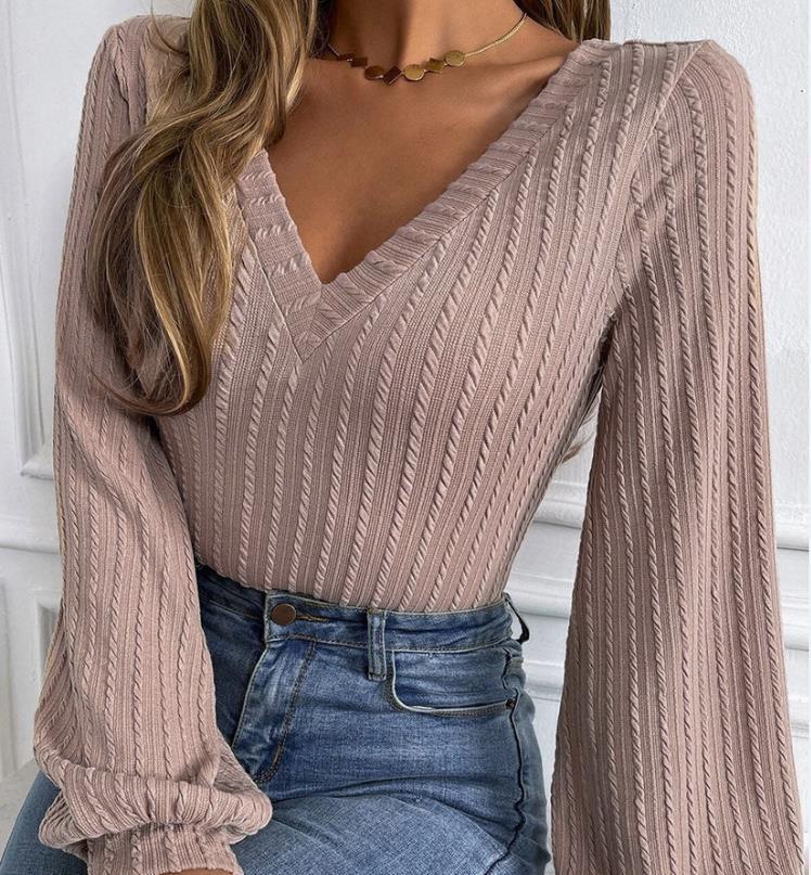 Dam Blus V-ringning Stickad Långa Ärmar Mjuk Höstmode-4