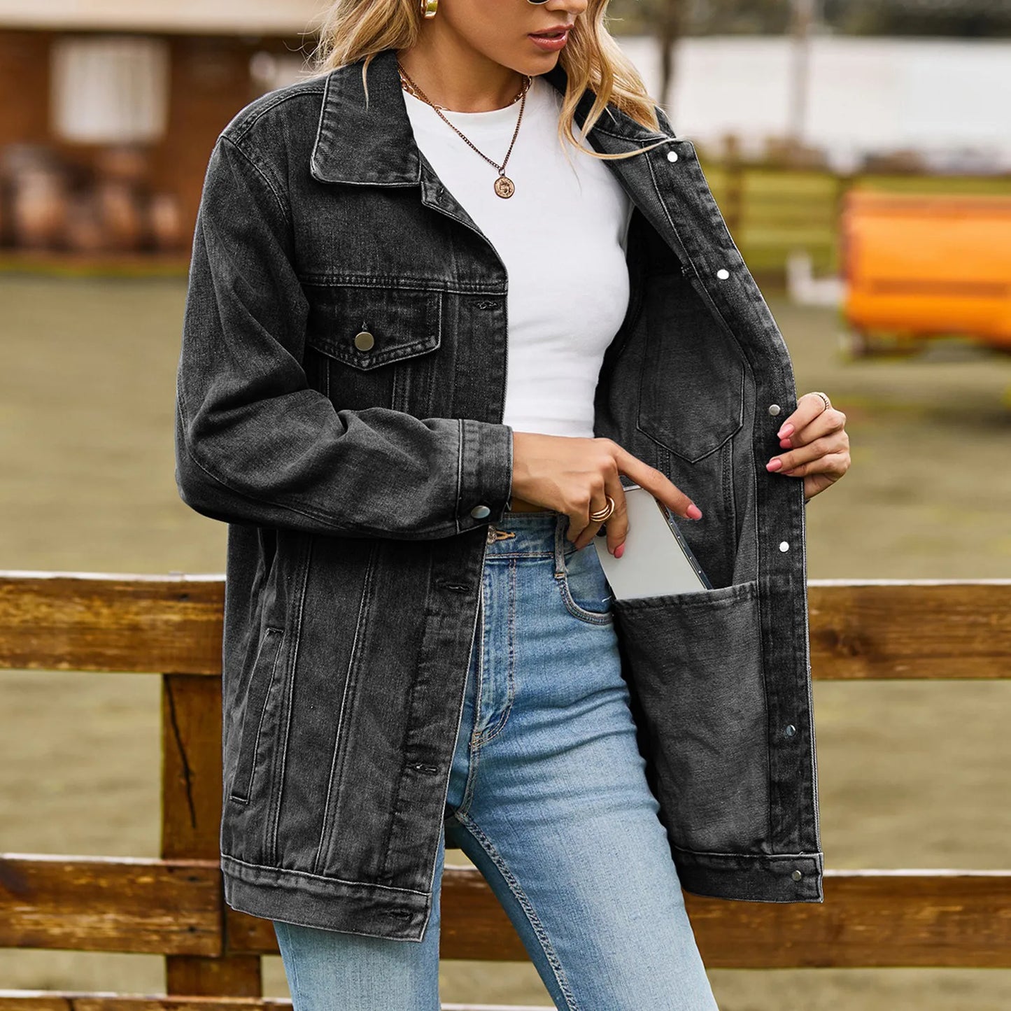 Dam Denimjacka Klassisk Vintage Design Mjuk Denim-5