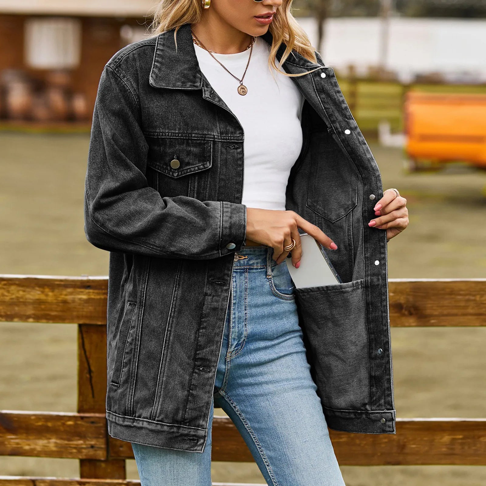 Dam Denimjacka Klassisk Vintage Design Mjuk Denim-5