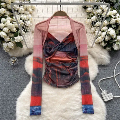 Variant image for Dam Skördetopp Batikdesign V-ringning Blandat Material-2