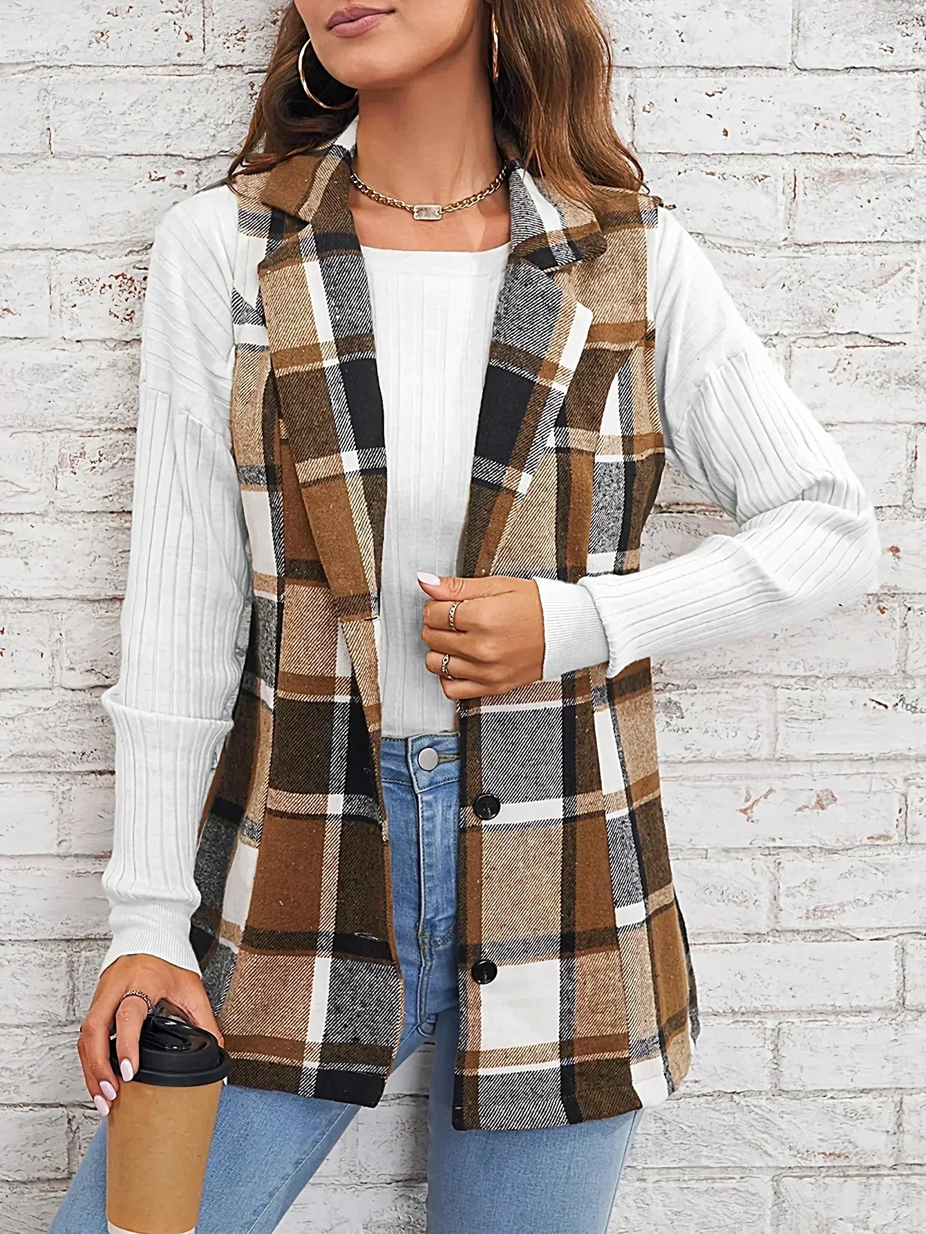 Dam Västen Rutig Design Lätt Material för Vår och Höst-3