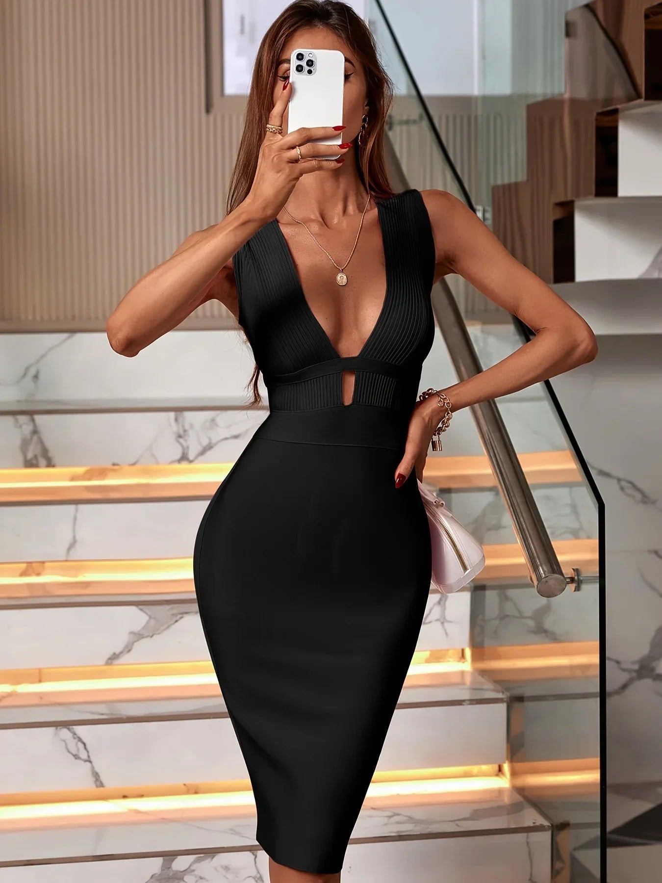 Dam Midi Klänning V-ringad Figurnära Polyester Spandex-3