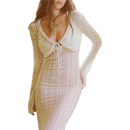 Kvinna Lång Klänning Spets Flödande Design-4