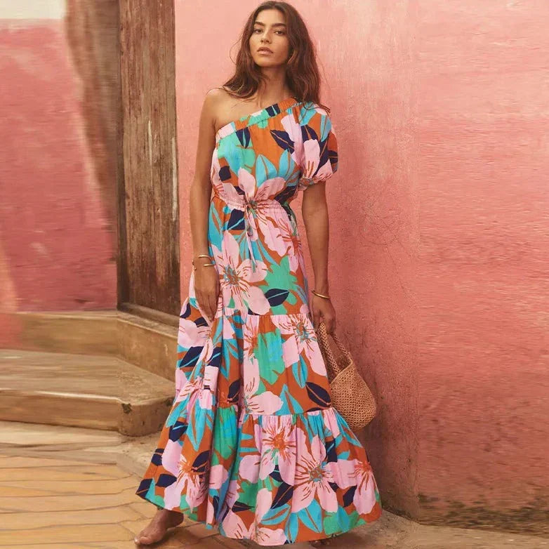 Damklänning En Axel Tryckt Design Högkvalitativt Tyg 3