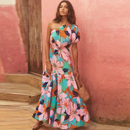 Damklänning En Axel Tryckt Design Högkvalitativt Tyg 3