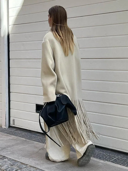 Kvinnors Lång Kappa Reverskrage Ull Polyester-3