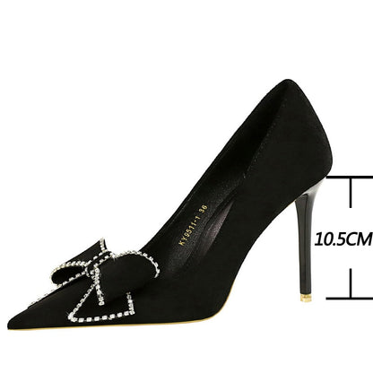 Dam Stilettskor i Flock med Strass – Mycket Hög Klack, Slip-On Design, Svart Elegant Festskor 3
