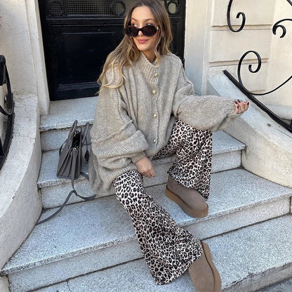 Damens Lång Stickad Kofta med Knappstängning-3