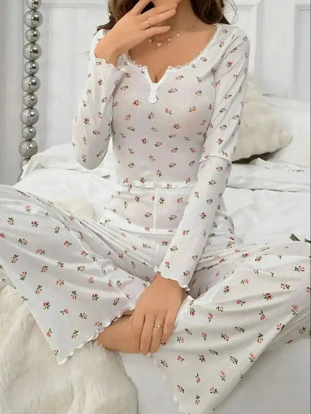 Dam Pyjamas Set Blommönstrad Långärmad Polyester Spandex 7