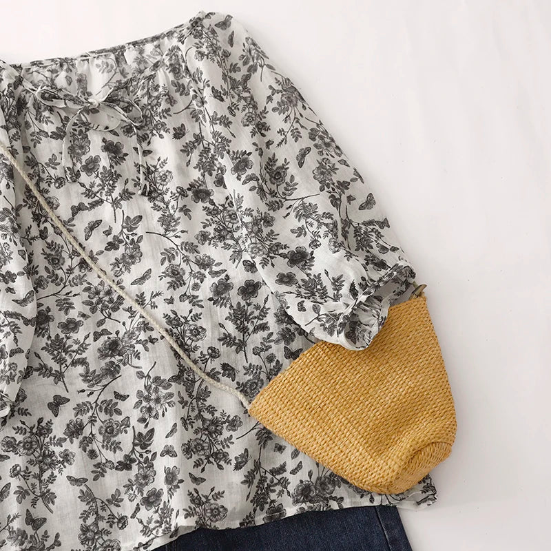 Damblus Blommigt Linne Avslappnad 100% Linne-5