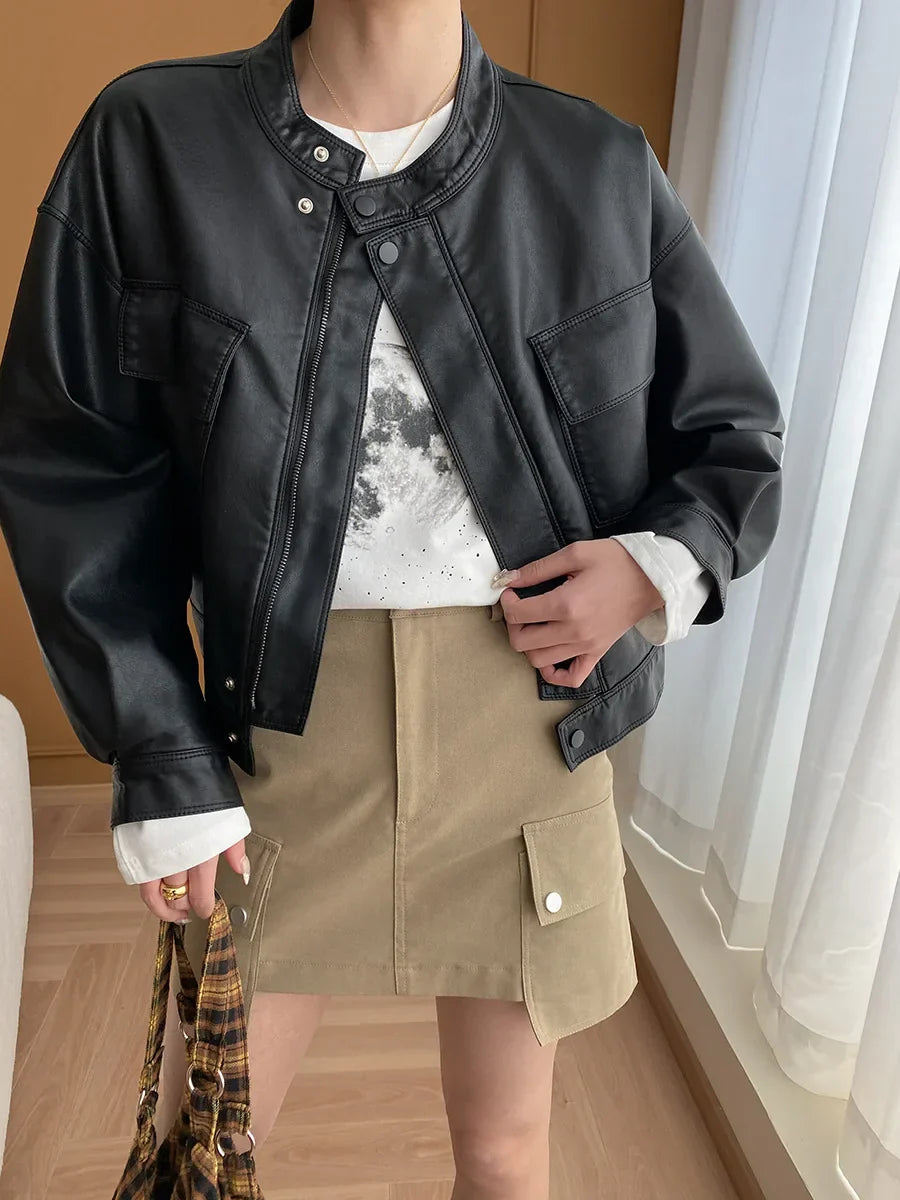 Herrjacka Syntetiskt Läder Modern Design med Dragkedja och Fickor-2