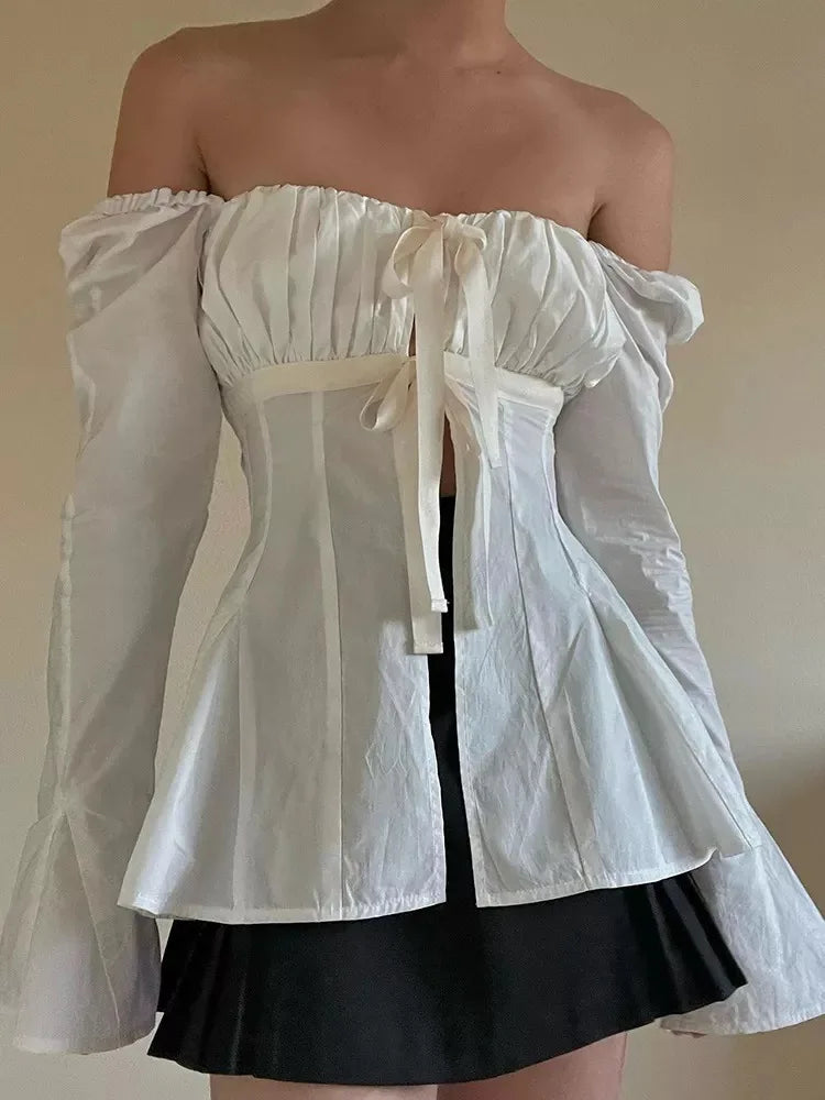 Vit Dam Blus Klassisk Snitt Axelfri Linne-3